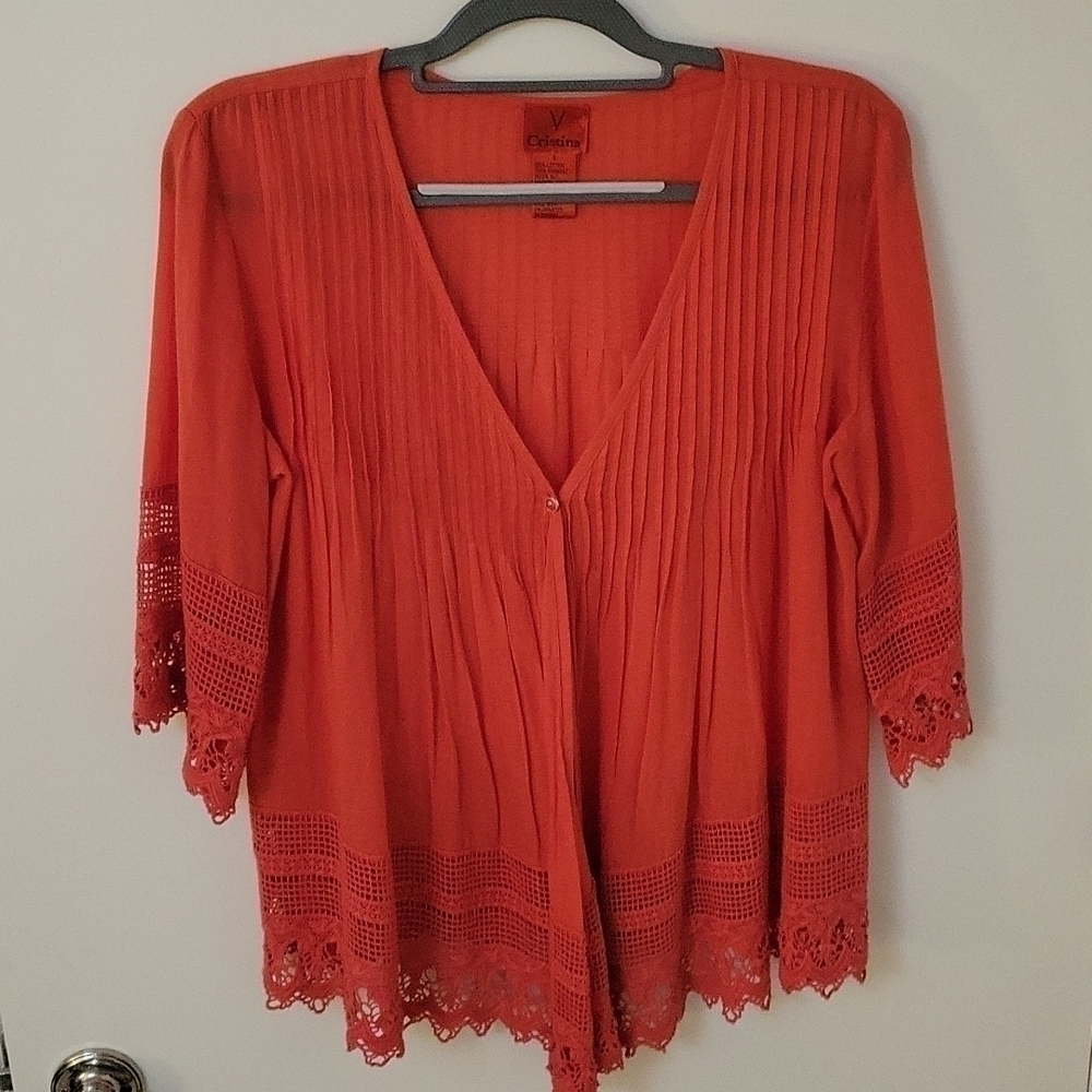 V CRISTINA Coral Crochet Lace Pintucked Kimono Festival Blouse - Picture 3 of 10